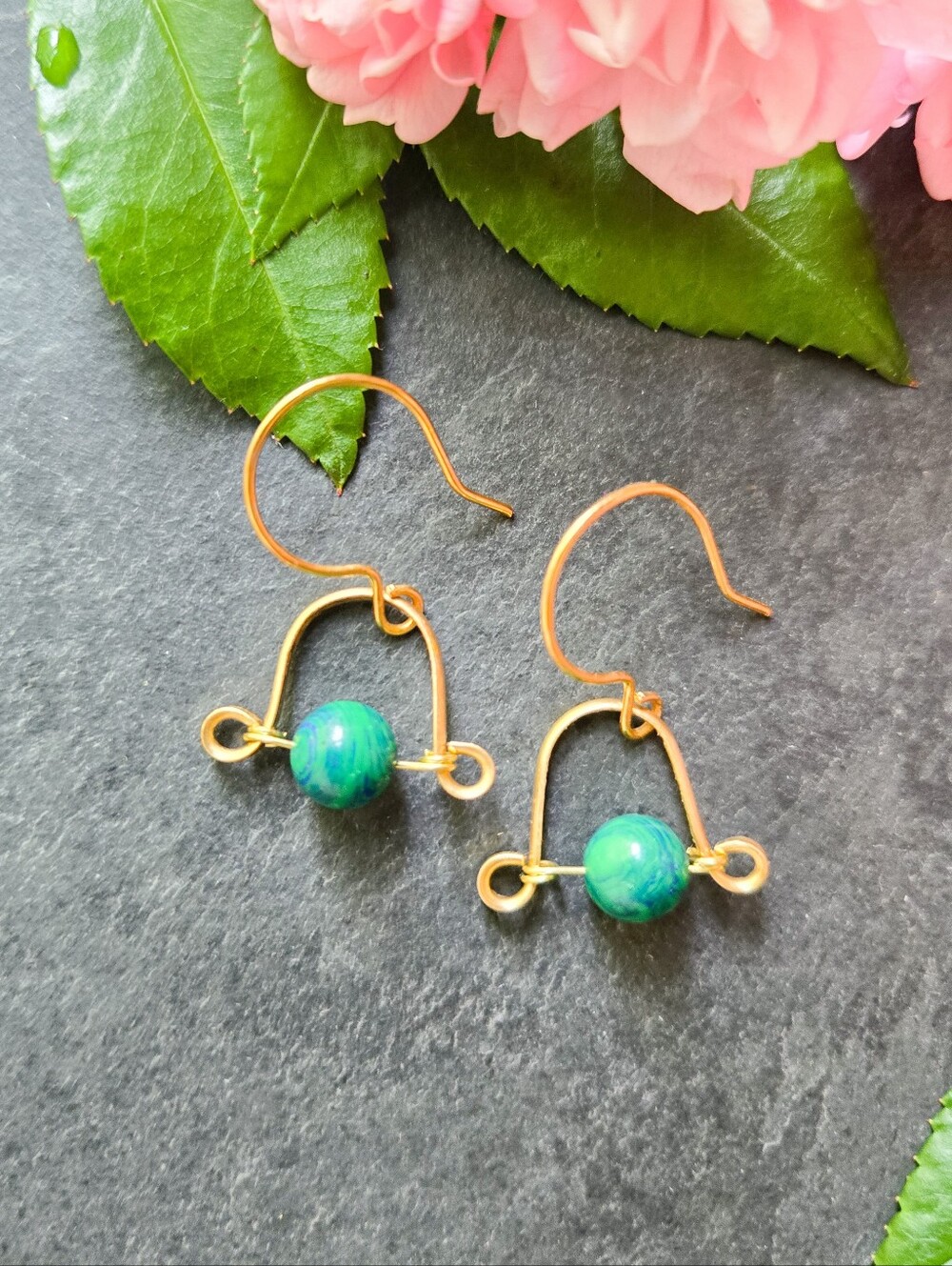 NWT Artisan-Made Azurite-Blue/Malachite-Green Dainty Earrings